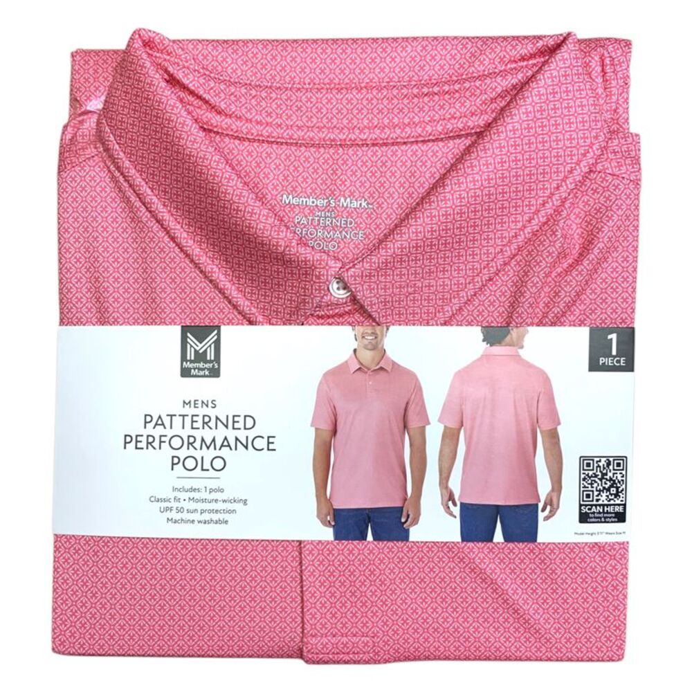 Pink - Member's Mark Mens Patterned Performance Polo, Classic Fit, Moisture-Wick